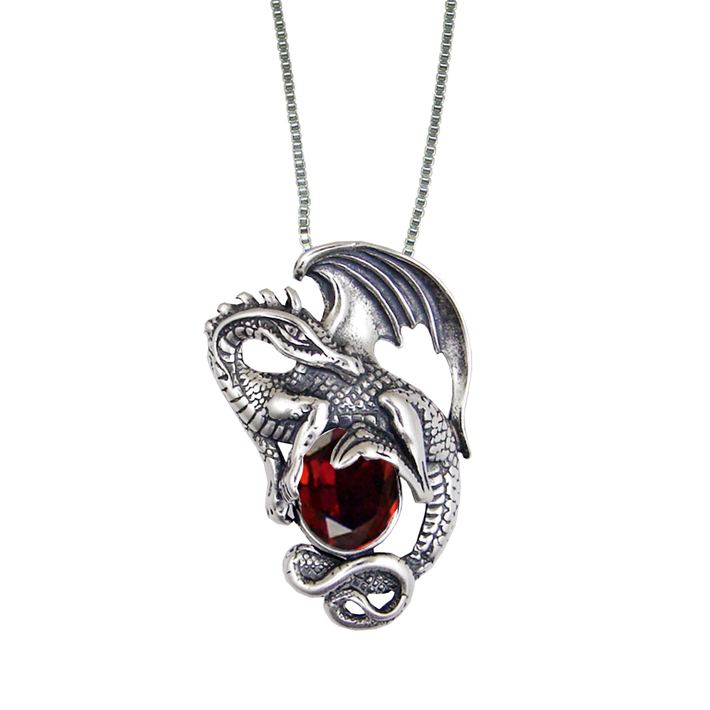 Sterling Silver Dragon of Power Pendant With Garnet